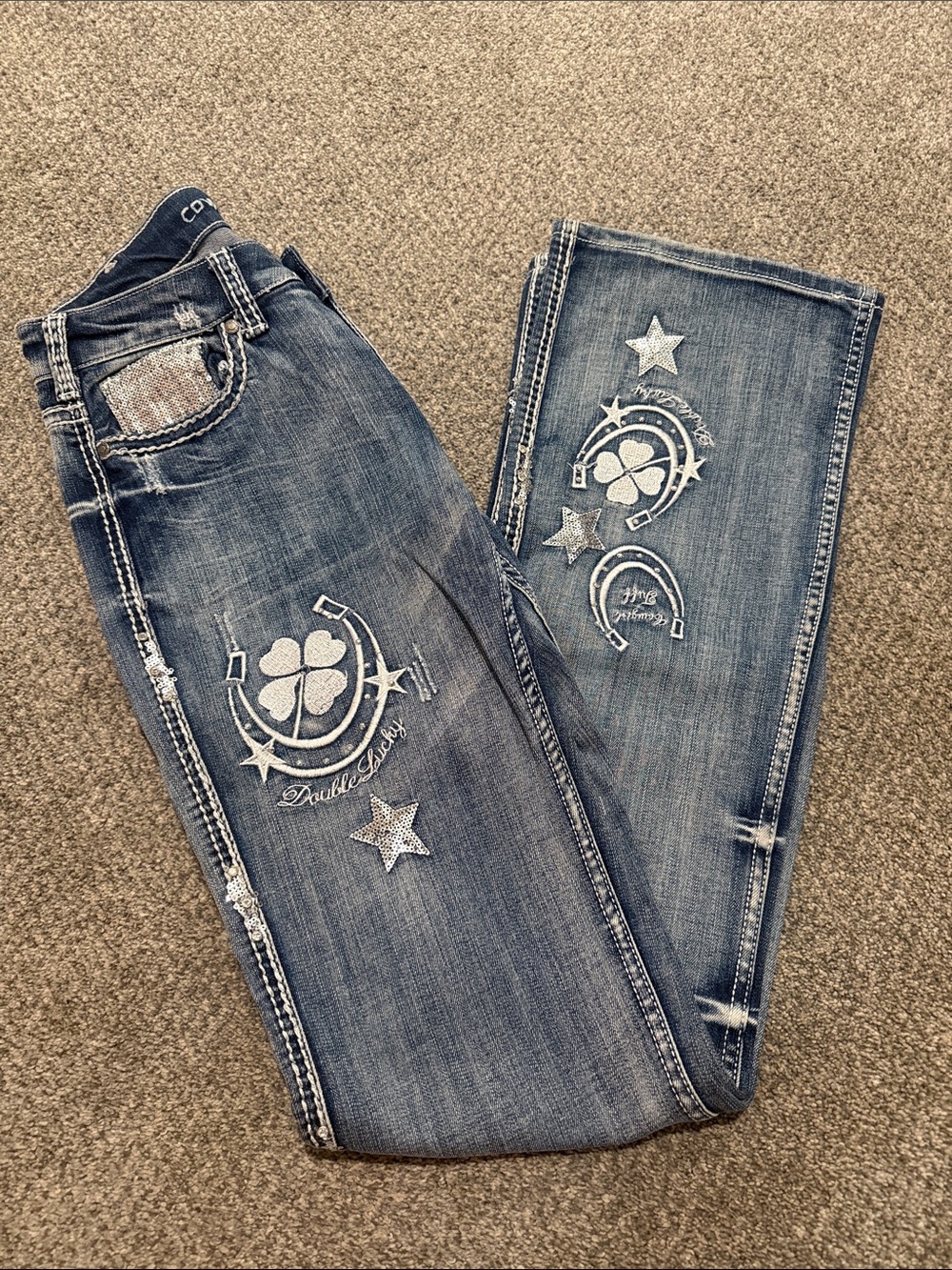 Cowgirl Tuff Distressed Blue Boot Cut Jeans with Western Embroidery